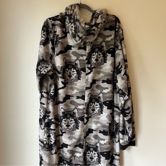 Mountain Ridge Grey Camo Wolf Fleece Onesie Pajama Hooded Jumpsuit Men’s Large - Picture 10 of 12